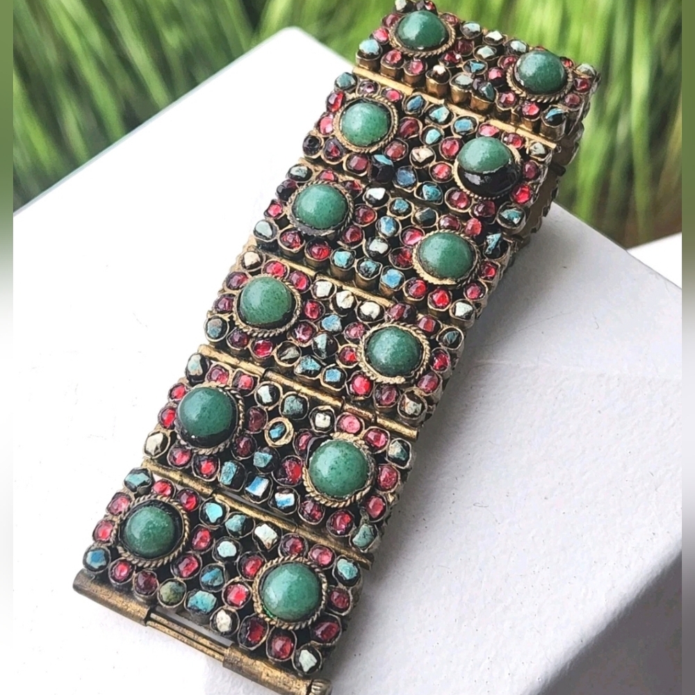 Vintage Nepal Tibetan Hinged Panel Chunky Bracelet Turquoise Coral Cabochons
